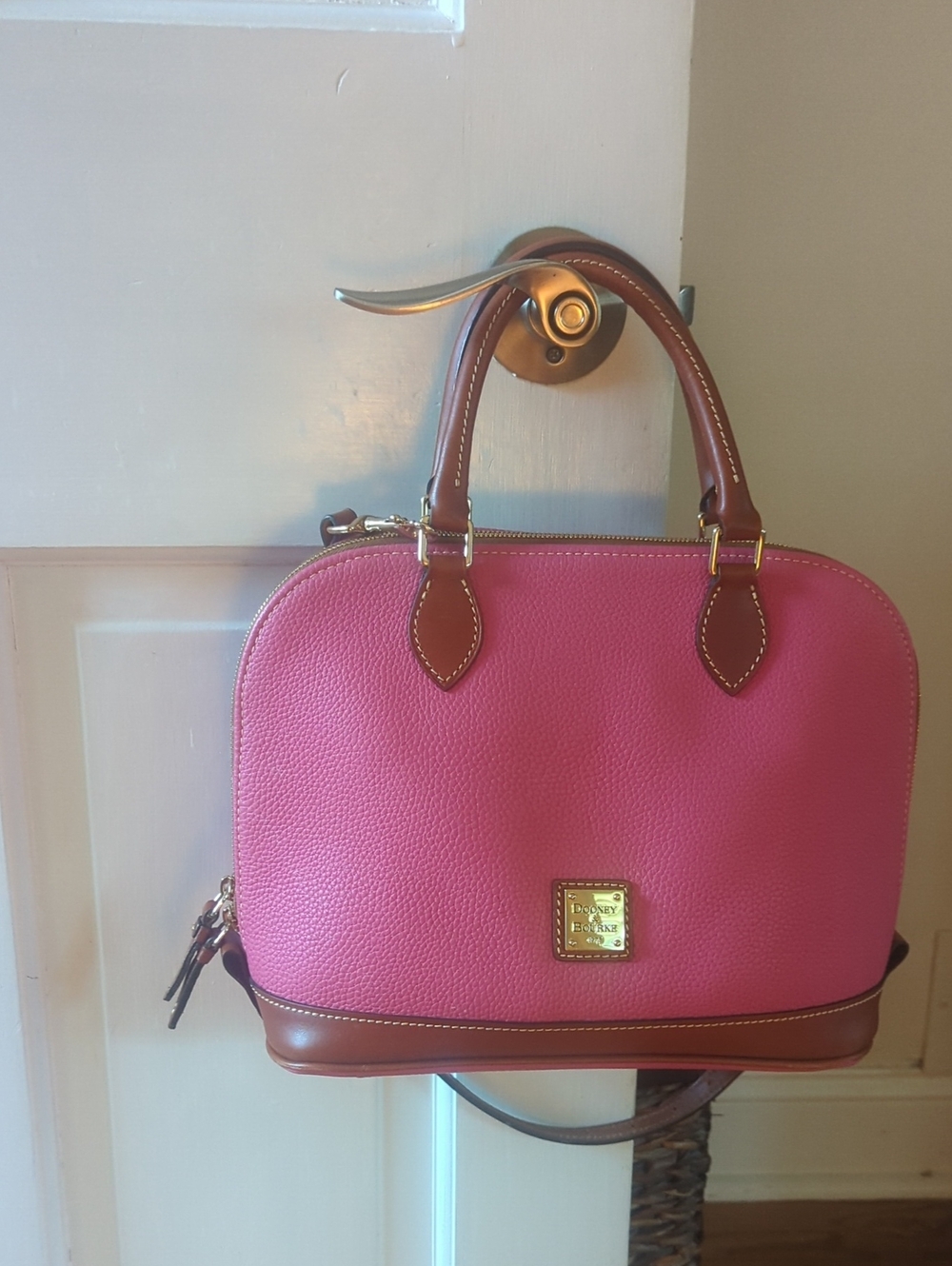 Dooney & Bourke Pink Pebbled Leather Satchel with Brown Trim